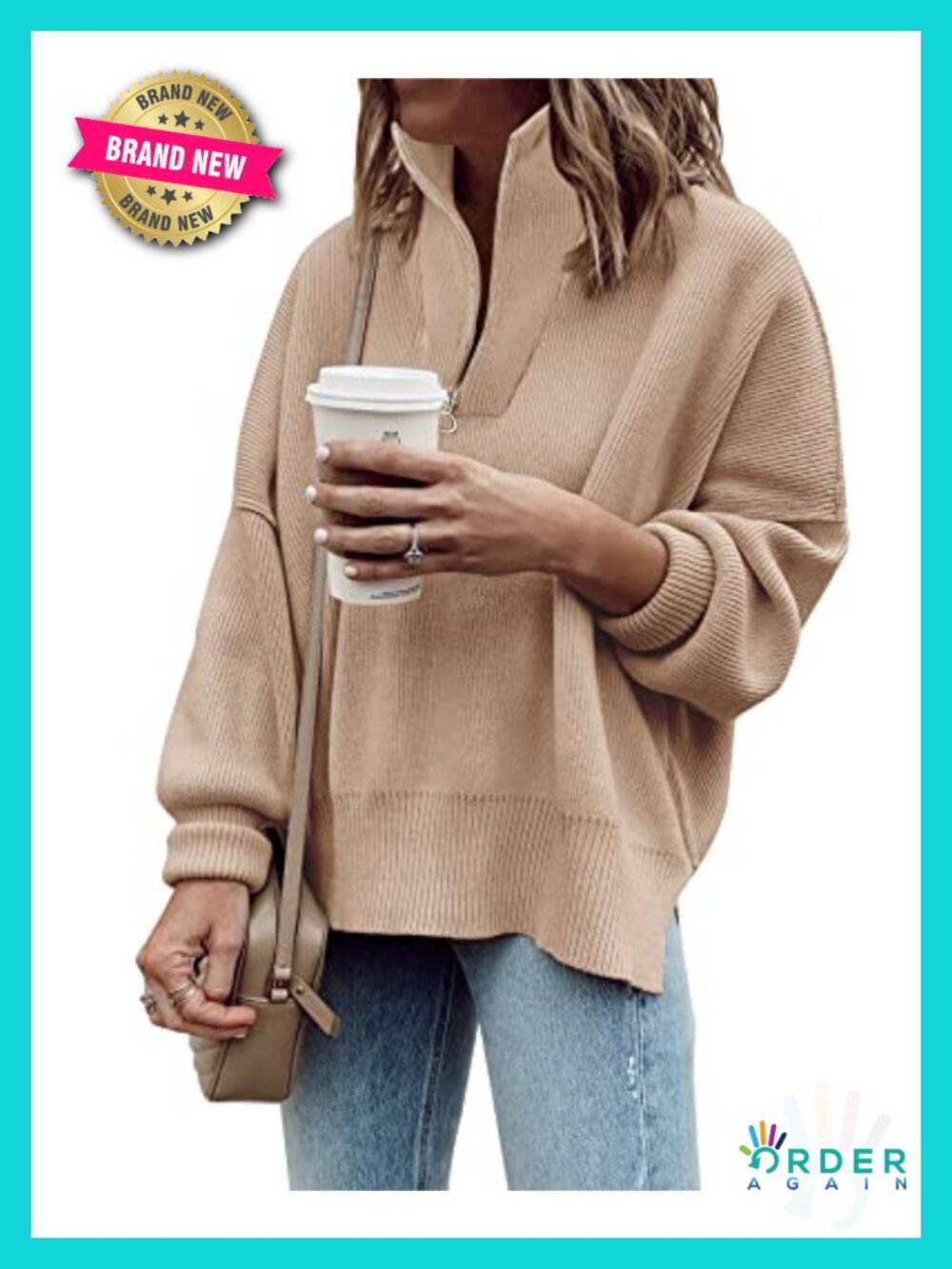 Womens Quarter Zip Pullover Oversized V-Neck Sweatshirt Tunic Sweater